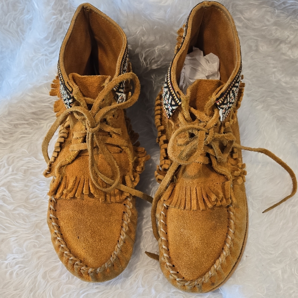Tan and‎ Brown Moccasins with Fringe and Lace-Up Design